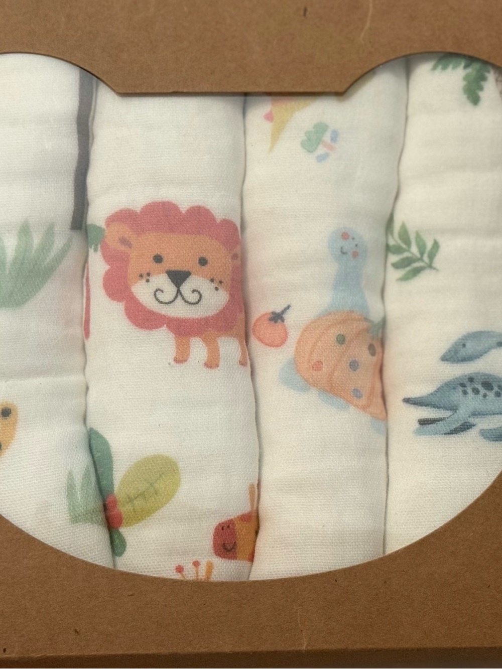 6 pack Baby Muslin burp / washcloths  with Cute Animal Prints - White Base